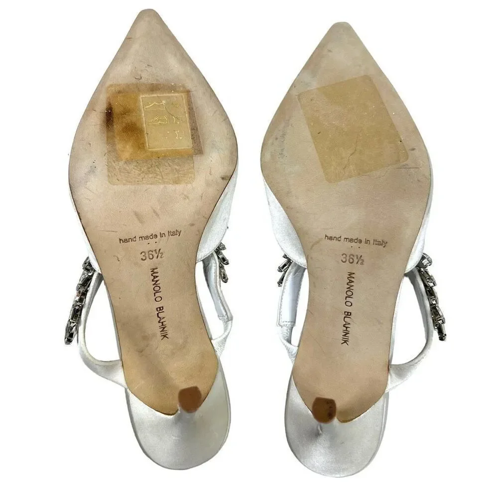 Manolo‎ Blahnik Lurum 90 Crystal-embellished White Satin Mules Heels Size 6.5